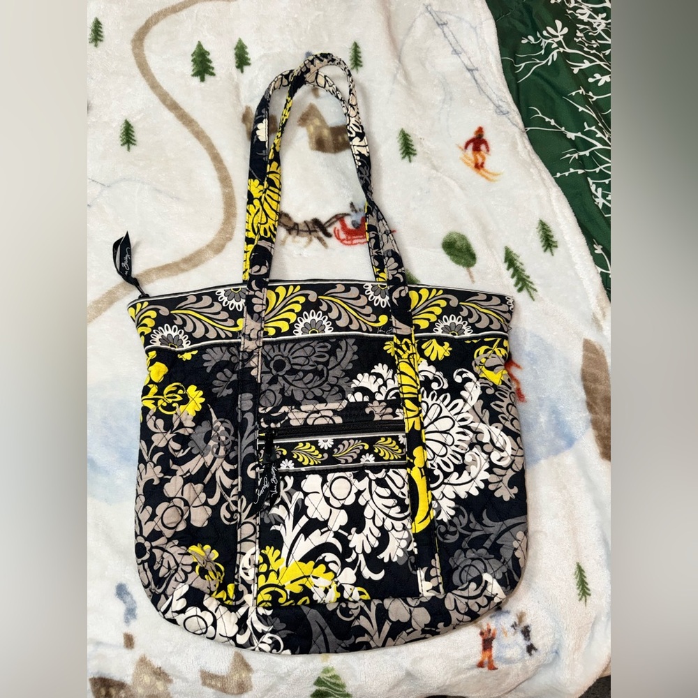 Floral Patterned Tote Bag - Black, White, Yellow